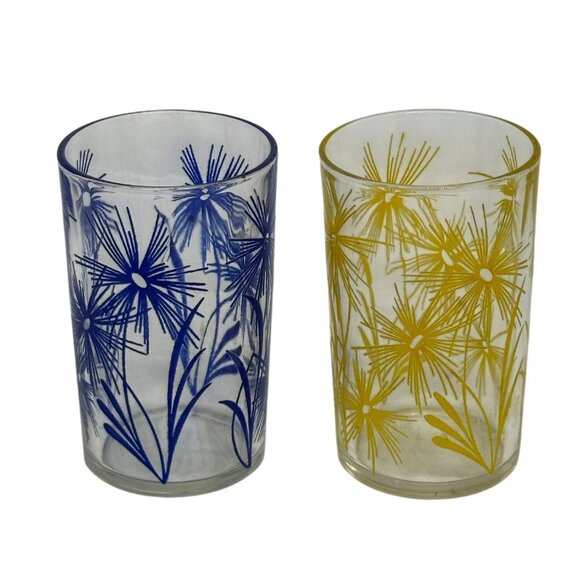 VTG Hazel Atlas Swanky Swigs Juice Glass Set Cornflower Blue Yellow Floral 3.5” - Picture 1 of 9